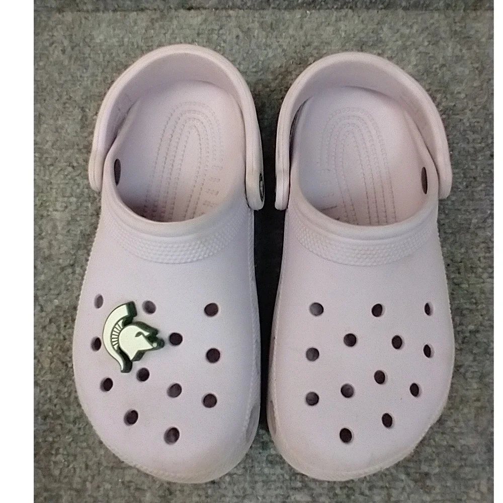 Crocs Classic Clog Kids Size J4 Pink Lavender Spartan Helmet Charm